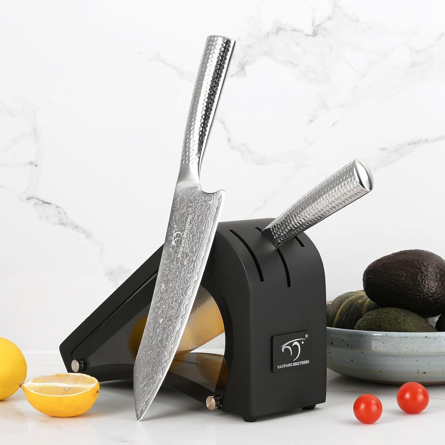 18 Pieces Damascus Kitchen Knife Set, 8 Piece Steak Knives, Non-slip ABS Ergonomic Triple Rivet Handle for Meat Fork, Knife Sharpener and Shears, 17 Slots Fraxinus Manchuria Knife Block (Grey)