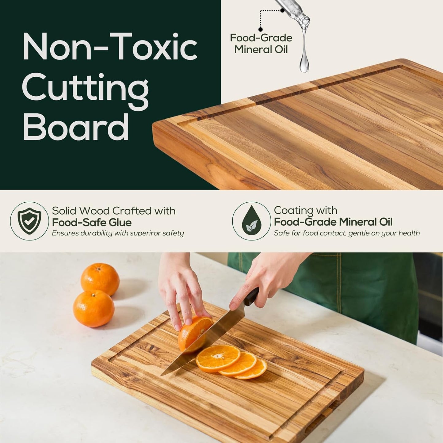 EZ FURNITURE Medium (M) Teak Edge Grain Cutting Board, Reversible, Knife-Friendly Charcuterie Wood Cutting Board with Juice Groove & Handles, Non-Toxic, Gift Box Included (17" x 13" x 1")