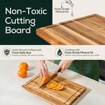 EZ FURNITURE Medium (M) Teak Edge Grain Cutting Board, Reversible, Knife-Friendly Charcuterie Wood Cutting Board with Juice Groove & Handles, Non-Toxic, Gift Box Included (17" x 13" x 1")
