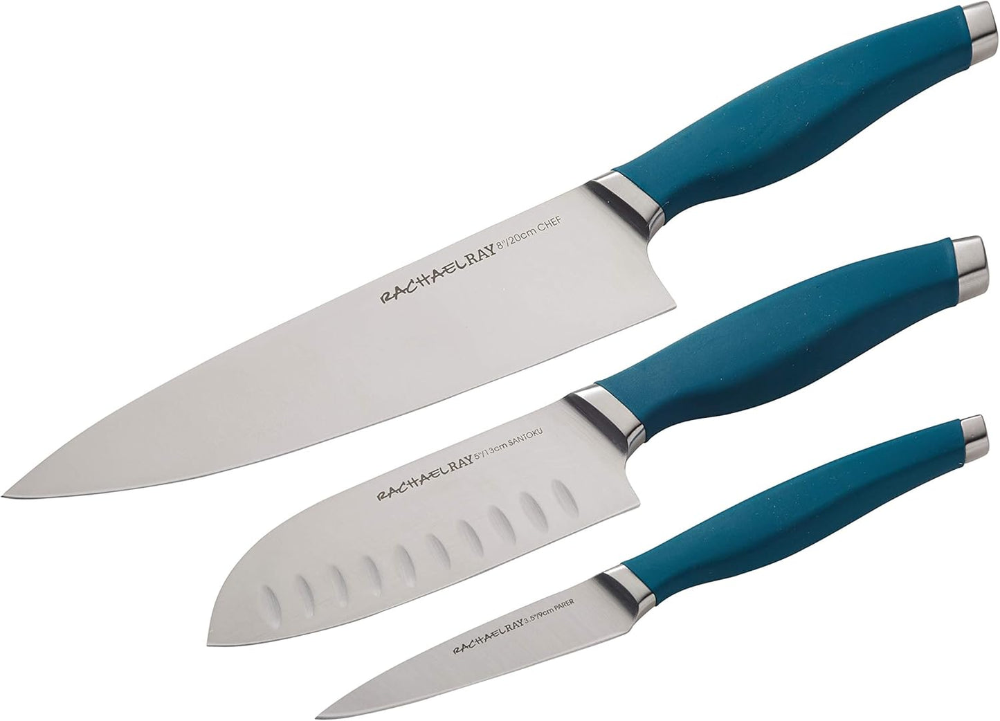 Rachael Ray Cutlery Japanese Stainless Steel Knives Set with Sheaths, 8-Inch Chef Knife, 5-Inch Santoku Knife, and 3.5-Inch Paring Knife, Teal