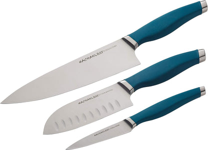Rachael Ray Cutlery Japanese Stainless Steel Knives Set with Sheaths, 8-Inch Chef Knife, 5-Inch Santoku Knife, and 3.5-Inch Paring Knife, Teal
