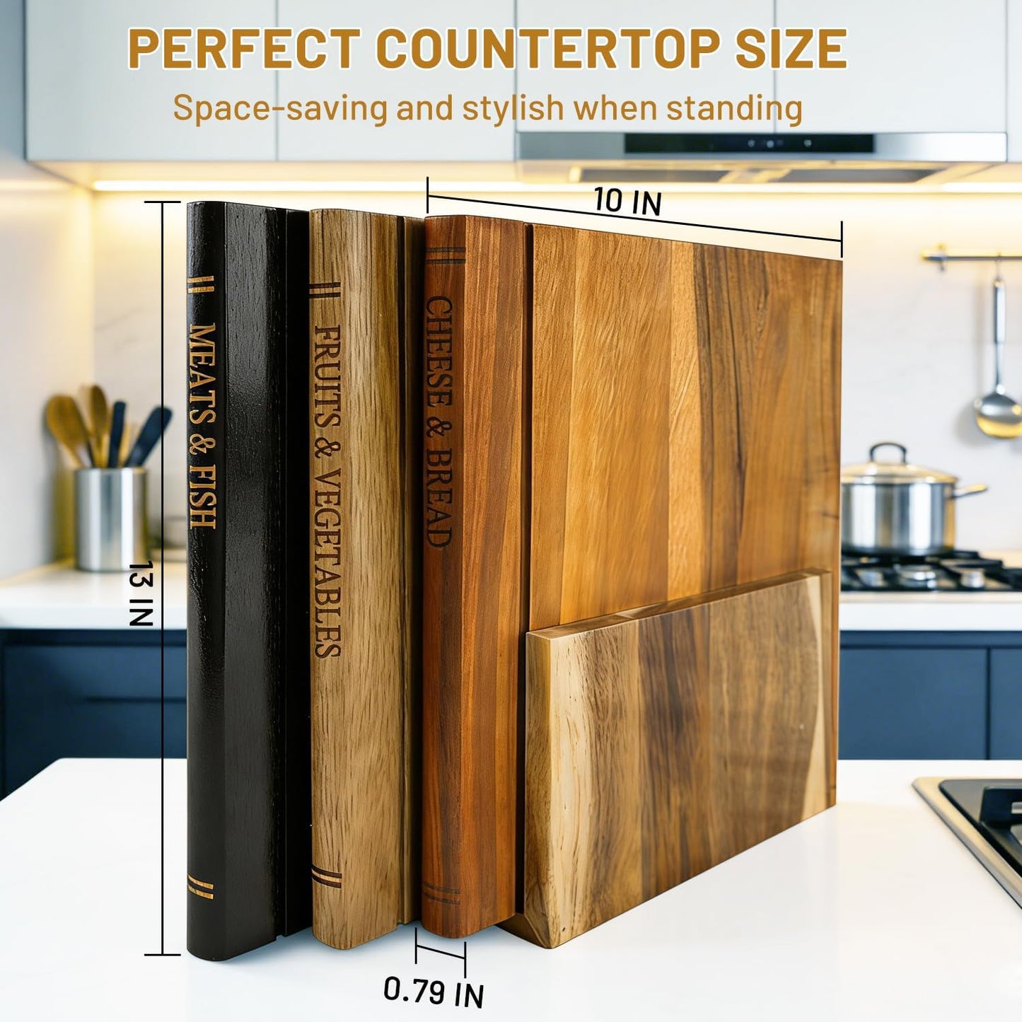Book Cutting Board Set of 3 - Wooden Cutting Boards That Look Like Books with Stand, Acacia Wood for Meat, Vegetables, Cheese & Bread - Unique Kitchen Decor & Hygienic Gift