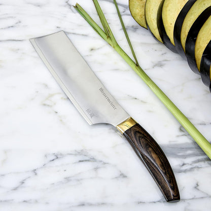 Messermeister Kawashima 6.5” Nakiri Knife - SG2 Powdered Steel, Eco-Brass Bolster & Walnut Pakkawood Handle - Made in Seki, Japan