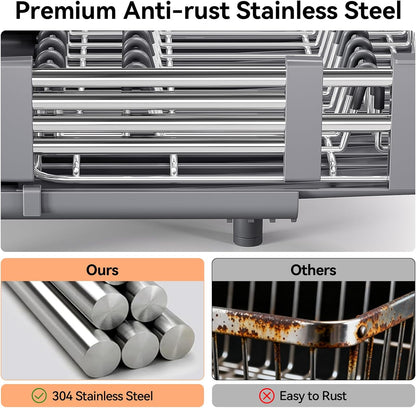 Urackify Stainless Steel Dish Drying Rack - Dish Drainer for Kitchen Counter, Extendable Drainboard with Foldable, Space-Saving Cup & Bowl Organizer, Includes Knife and Utensil Holder, Matte-Green