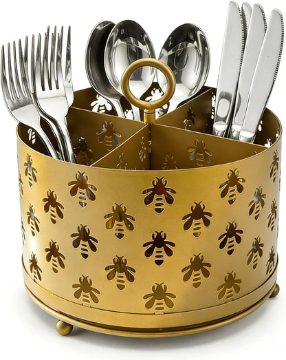 NelyBet 360° Rotating Utensil Caddy With Handle, Cutlery Silverware Caddy Holder Flatware Organizer with 4 Compartment For Kitchen Countertop Party Office Black