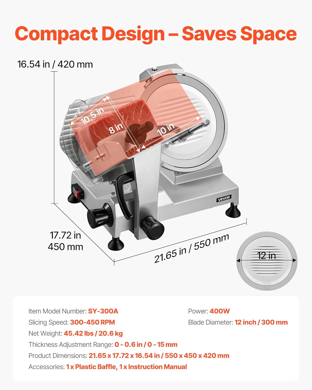 VEVOR Fully Automatic Meat Slicer, 180W + 370W Commercial Food-Slicer with 10" Carbon Steel Blade, Built-In Sharpener & 0-0.3" Adjustable Thickness for Frozen Meat, Ham, Baguett, Steak