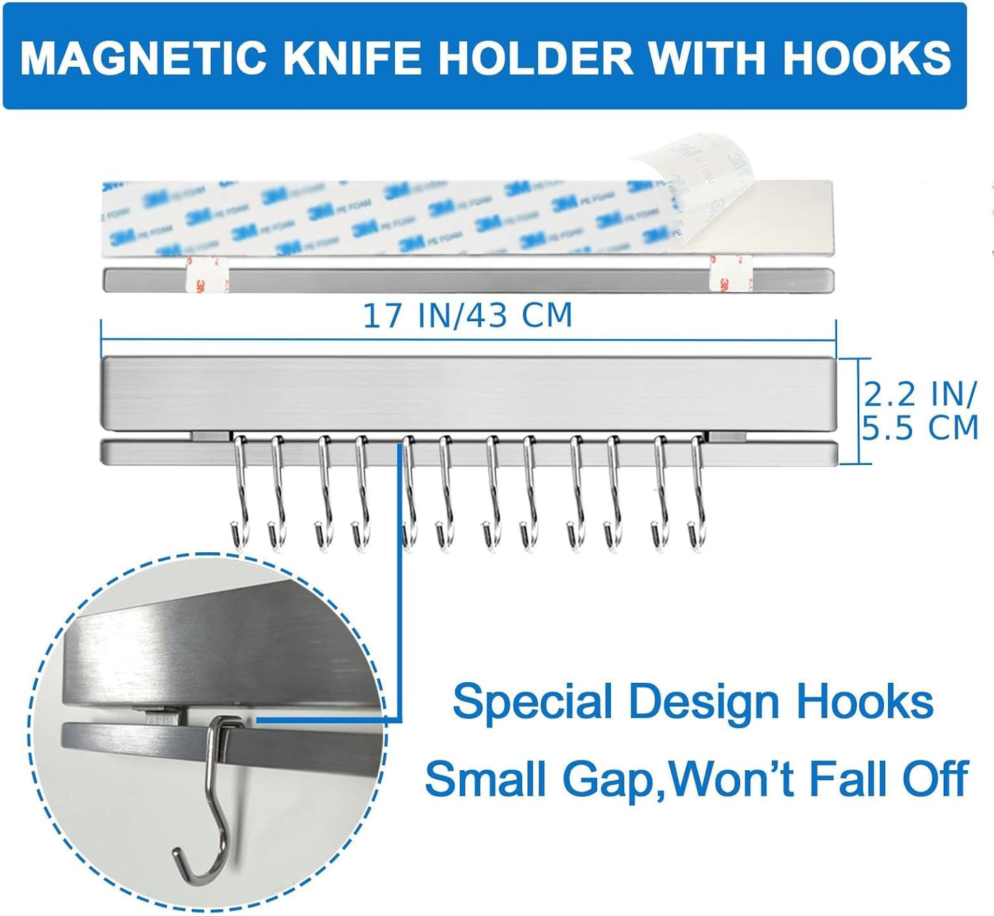 12 Inch Magnetic Knife Holder for Wall with 6 Hooks No Drill-Double Magnetic Bar Strong Adhesive Knife Magnetic Strip-Kitchen Utensil Hanger-304 Stainless Steel Magnetic Kitchen Knife Rack