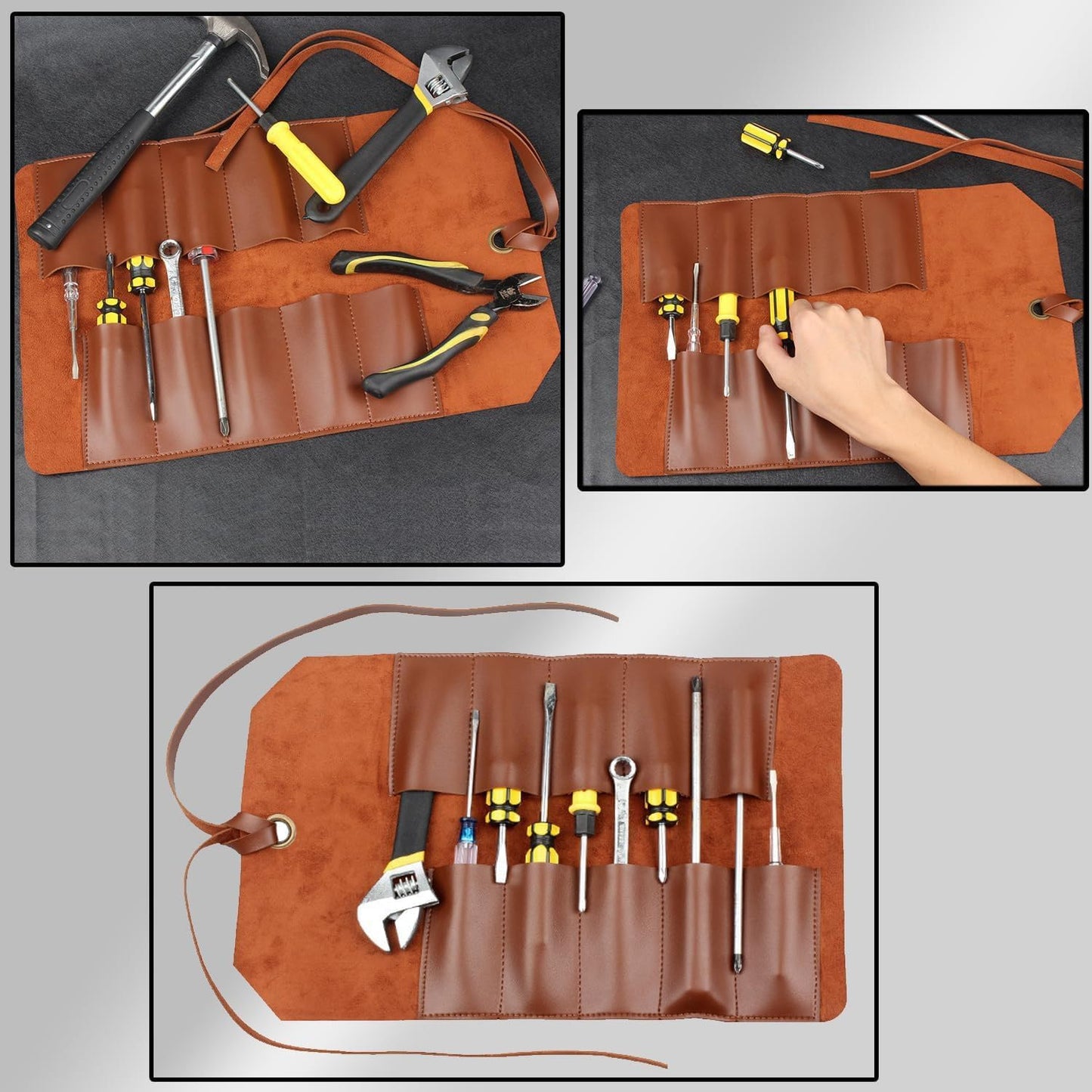 10 Pockets Roll Up Tool Pouch, Chisel Roll Multi-Functional Tool Roll Bag, Leather Portable Repair Woodworking And Electrical Bag, Store Chisel,Wrench,Pliers,Carving Knife (BROWN)