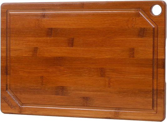 Bamboo 1" Thick Cutting Boards for Kitchen, Large Deep-carbon Charcuterie Board with Deep Juice Grooves & Built-in Handles for Countertop, Ideal for Meat, Vegetables and Fruits 17" x 12"