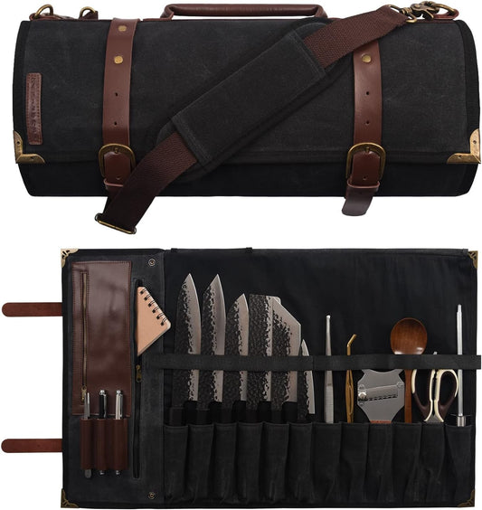 Manjushri Elegant and Light 12 Slots Professional Waxed Canvas & Genuine Leather Chef Knife Roll Bag Case with 4 Zipper Pouch Knife Organiser (Walnut Brown)