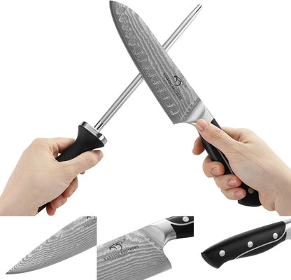18 Pieces Damascus Kitchen Knife Set, 8 Piece Steak Knives, Non-slip ABS Ergonomic Triple Rivet Handle for Meat Fork, Knife Sharpener and Shears, 17 Slots Fraxinus Manchuria Knife Block (Grey)