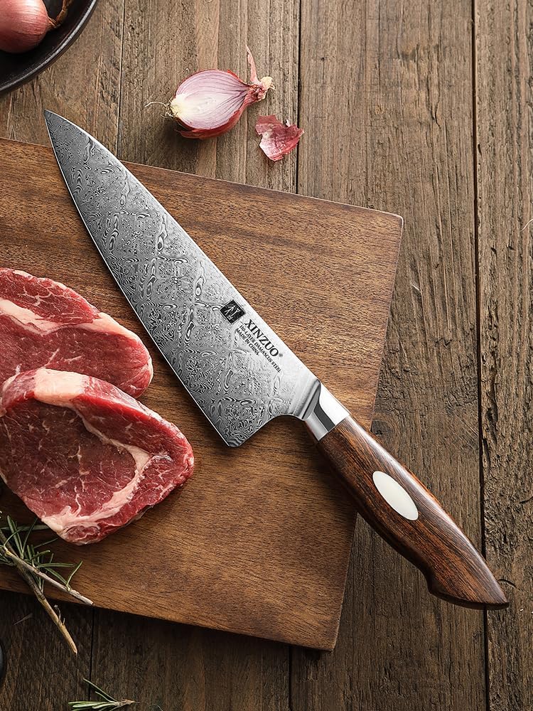 XINZUO 8.3 Inch,110 Layers Damascus Steel Chef Knife Cleaver, Professional Hand Forged Kitchen Cooking Knife,Full Tang,Sharp Slicing Knife Gyuto Knife-North America Desert lron Wood Handle