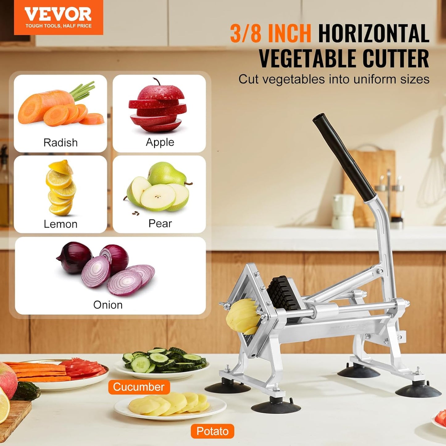 VEVOR Commercial Vegetable Slicer, 1/4 and 1/2 inch Tomato Slicer, Stainless Steel and Aluminum Alloy Vegetable Cutter Slicer, Manual Tomato Slicer with Non-slip Feet, for Tomatoes, Onions, Potatoes