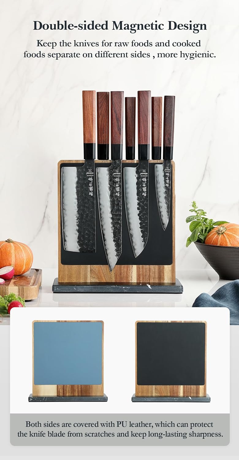 Strong Double Sided Magnetic Knife Block Without Knives, with Acacia Wood+430 Stainless Steel Base，Magnetic Universal Stands with Strong Enhanced Magnets Strip Kitchen Storage Cutlery Large Organizer