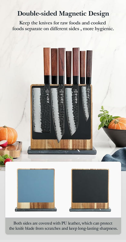 Strong Double Sided Magnetic Knife Block Without Knives, with Acacia Wood+430 Stainless Steel Base，Magnetic Universal Stands with Strong Enhanced Magnets Strip Kitchen Storage Cutlery Large Organizer