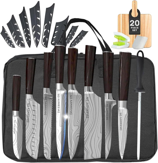 Japanese Kitchen Knife Set with Bag – 20-Piece Professional Chef Knife Set, High Carbon Stainless Steel Knives, Knife Bag Travel Case, Complete Cooking Set with Cutting Board
