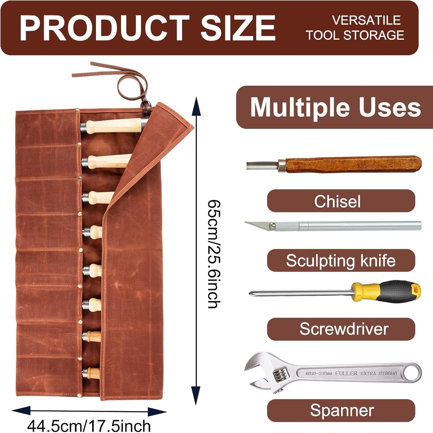 Chisel Roll,6 Pockets Roll Up Tool Pouch,Waxed Canvas Small Tool Roll Organizer and Wrench Roll Up Pouch,Store Chisel,Wrench,Pliers,Carving Knife (12-Brown)