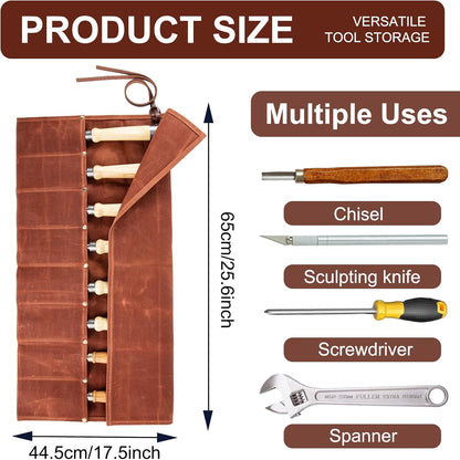 Chisel Roll,6 Pockets Roll Up Tool Pouch,Waxed Canvas Small Tool Roll Organizer and Wrench Roll Up Pouch,Store Chisel,Wrench,Pliers,Carving Knife (12-Brown)