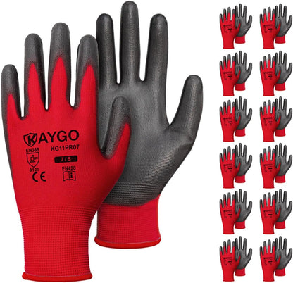 KAYGO Work Gloves for Men and Women,12 Pairs Seamless Knit PU Coated Safety Gloves, with Smooth Grip on Palm and Fingers, Ideal for Light Warehouse, Manufacturing, Gardening, KG11P (M, Black)