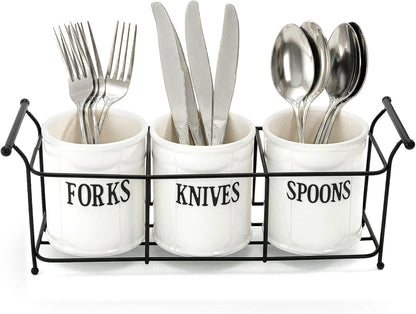 Bekith 3-Piece White Ceramic Silverware Caddy with Black Metal Rack, Utensil Holder Flatware Caddy Cutlery Storage Organizer for Kitchen Table, Cabinet or Pantry