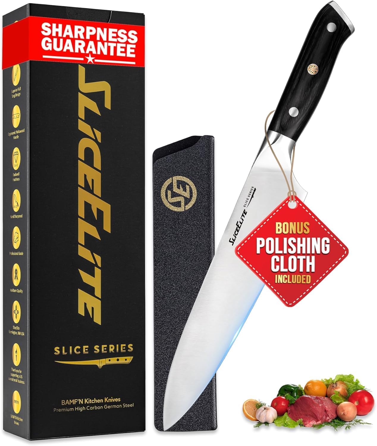 SliceElite Slice Series 8 Inch Carving Knife High Carbon German Stainless Steel Pakkawood Handle Brisket Slicer Chopper BBQ Chef Sharp Fruit Vegetable Butcher Kitchen Cutting Meat Tool Gift Precision