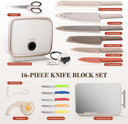 XXV 17Pcs Knife Set with Block & Sharpener,Kitchen Knives Block with Drying Function and Plug, German Stainless Steel Chef Knife Set with Bag,Dishwasher Safe Knives Set for Kitchen,Camping