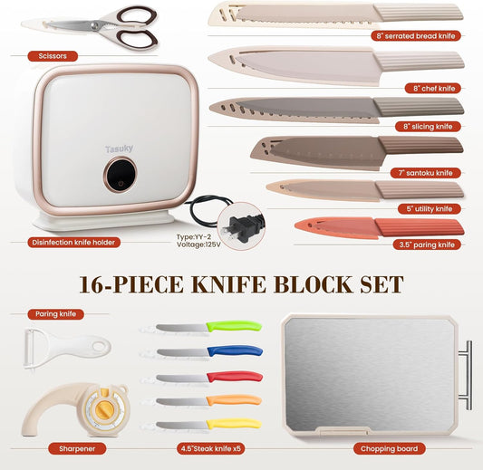 XXV 17Pcs Knife Set with Block & Sharpener,Kitchen Knives Block with Drying Function and Plug, German Stainless Steel Chef Knife Set with Bag,Dishwasher Safe Knives Set for Kitchen,Camping
