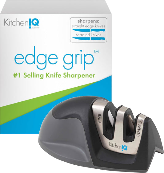 KitchenIQ 50825 | Diamond Deluxe Edge Grip 2-Stage Knife Sharpener | Black | Coarse & Fine Sharpeners | Compact for Easy Storage | Non-Slip Base | Soft Grip Rubber Handle | Straight & Serrated Knives