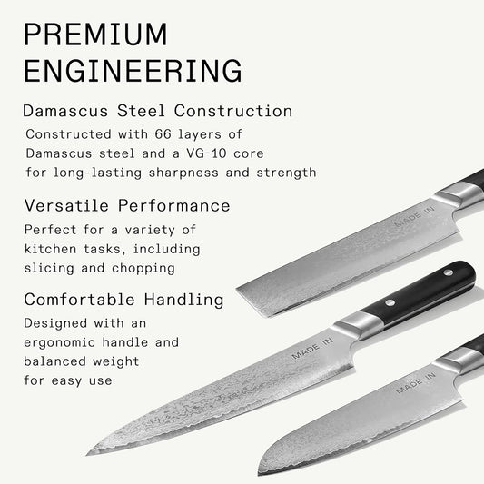 Made In Cookware | 3-piece Japanese Damascus Steel Knife Set (Includes Gyuto, Nakiri and Santoku) | 66 Layers of Damascus Steel with a VG-10 Core | Crafted in Japan | Full Tang With Black POM Handle