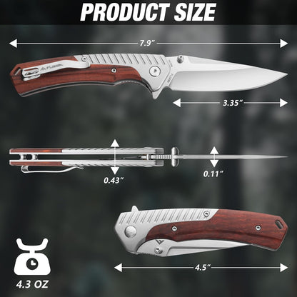 FLISSA Pocket Knife with 3.35" 14C28N Steel Blade, Liner Lock Folding Knife with Wooden Handle for EDC, Camping, Hiking, Outdoor Activities, Gift for Men and Women