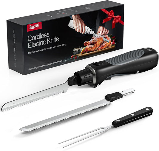 New Upgrade Cordless Electric Knife with Serrated Blade, Ergonomic & Safe Design with Comfortable Contoured Grip, USB-C Rechargeable, 70+ Min Runtime, Ideal for Turkey, Meat, Bread & Vegetables, White