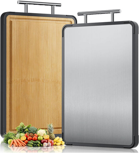 Titanium Cutting Board for Kitchen, Double Sided Reversible Chopping Board, Titanium & Bamboo Wood Cutting Board for Meat, Vegetables and Fruit, Easy to Clean,Mothers Day Gifts (16×11)