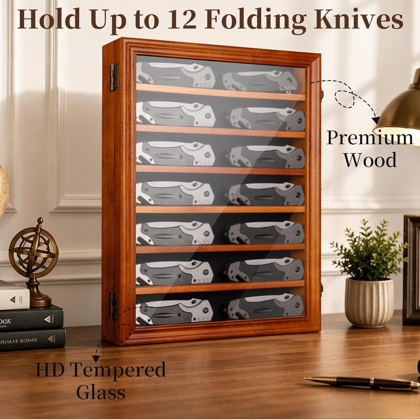 7 Row Knife Display Case for Wall Wooden Folding Knife Storage Stand with HD Tempered Glass & Removable Shelves Military Knife Organizer for Collections - Black