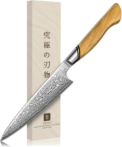 TIVOLI Japanese Gyuto Knife 10 Inch– VG-10 Damascus Chef Knife with Razor Sharp Blade and Ergonomic Olive Wood Handle, Ideal for Meat, Vegetables & Daily Cooking