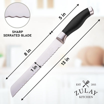 Zulay Kitchen Serrated Bread Knife - 8 Inch Stainless Steel Bread Cutter for Homemade Bread, Cake, Bagels, Pastries - Sharp & Durable Slicing Knife with Tip Safety Guard - Non-Slip 5" Handle - Blue