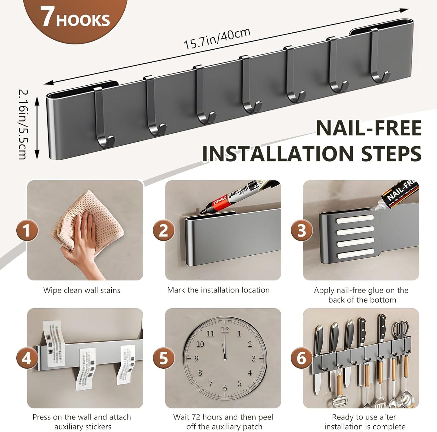 Knife Holder for Wall Mount-Knife Strips with Hooks Stainless Steel Wall Knife Rack-Knife Block-Knife Rack-Utensil Hanger-Kitchen Utensil Holder (Black, 50 CM+9 Hooks)
