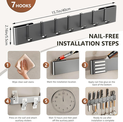 Knife Holder for Wall Mount-Knife Strips with Hooks Stainless Steel Wall Knife Rack-Knife Block-Knife Rack-Utensil Hanger-Kitchen Utensil Holder (Black, 50 CM+9 Hooks)