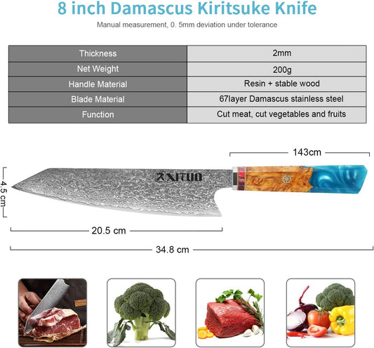 XITUO Kiritsuke Chef Knife 8 Inch, Professional Super Sharp Japanese VG10 Damascus Steel Knife – Kitchen Knife for Meat & Sushi, Octagonal Resin & Stabilized Wood Handle, Gift Box
