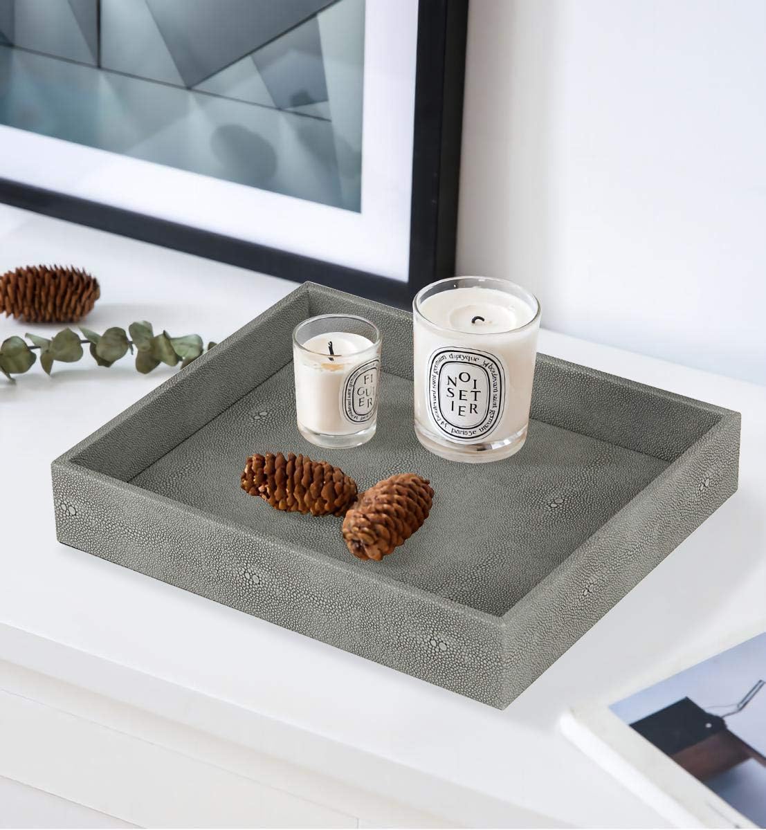 HofferRuffer Faux Leather Vanity Tray, Elegant Desktop Storage Organizer, Decorative Catchall for Perfume, Bathroom Valet, Nightstand or Dresser, 10.2 x 8.4 x 1.8 inches (Grey Stripe)