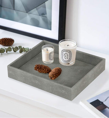 HofferRuffer Faux Leather Vanity Tray, Elegant Desktop Storage Organizer, Decorative Catchall for Perfume, Bathroom Valet, Nightstand or Dresser, 10.2 x 8.4 x 1.8 inches (Grey Stripe)