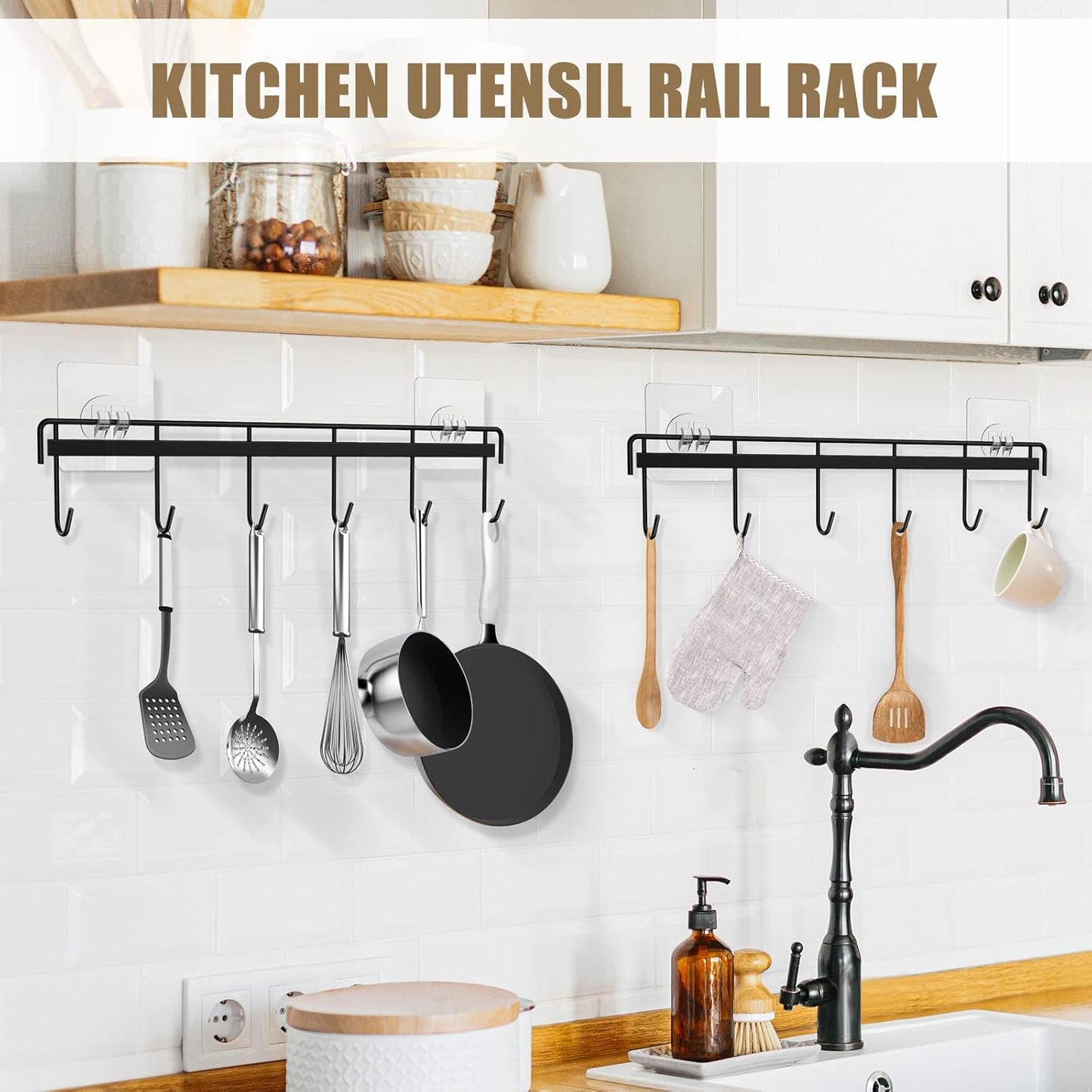 Kitchen Utensil Hanger, Adhesive Utensil Holder Wall Mount Kitchen Rack Rail with 12 Hooks, Space Saving and No Drilling, White, 2 Pcs