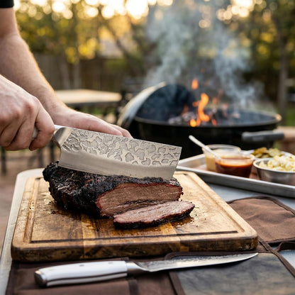KOFERY Damascus Steel Butcher Knife Set with Full Tang Blades for Pit Master BBQ Meat Carving, Smoking Meat & Game Processing with Canvas Knife Roll for Camping, Gift for Men