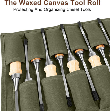 Chisel Roll,6 Pockets Roll Up Tool Pouch,Waxed Canvas Small Tool Roll Organizer and Wrench Roll Up Pouch,Store Chisel,Wrench,Pliers,Carving Knife (12-Brown)