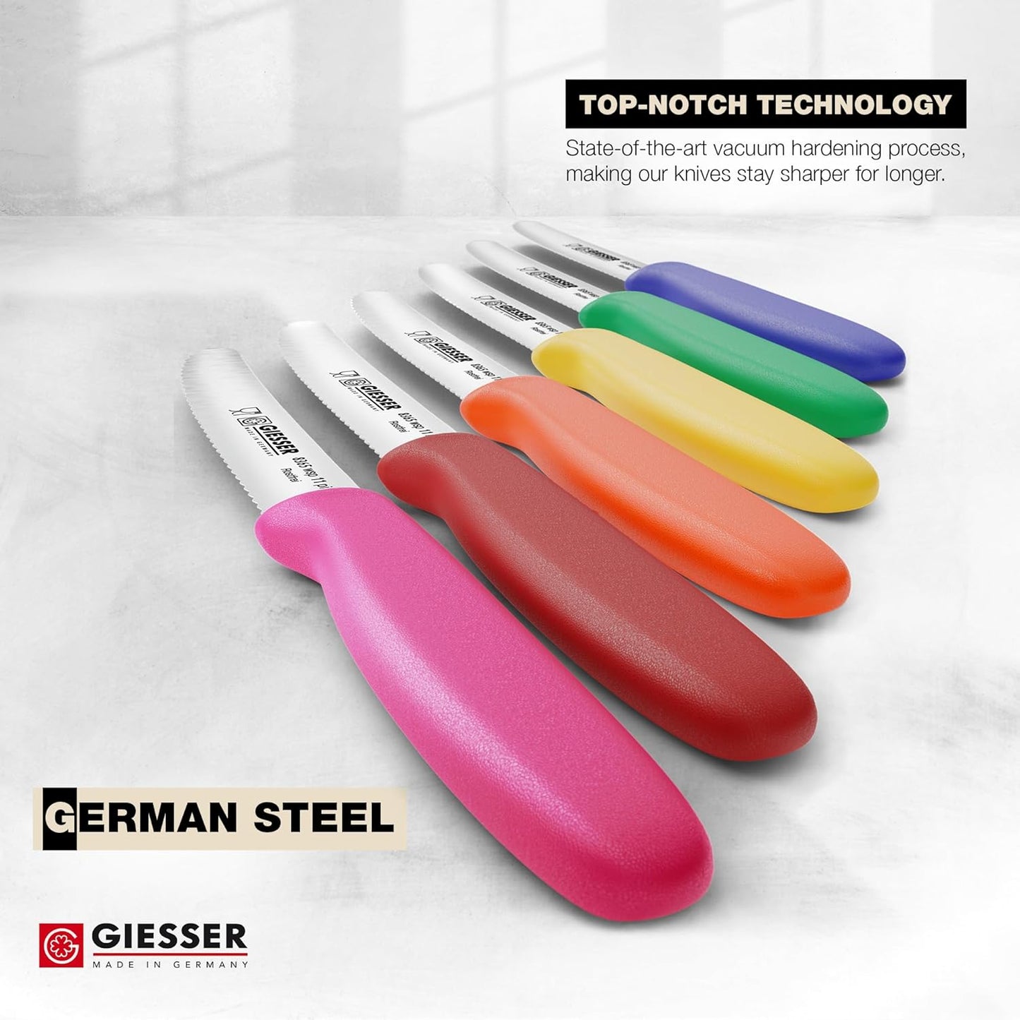 Giesser since 1776, Made in Germany, Serrated kitchen knives round tip dishwasher safe 4.5 inch - Tomato knife, Steak knive set of 6 (MIX Color)
