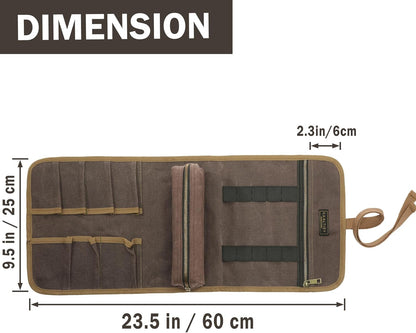 16OZ Waxed Canvas Tool Roll Bag, Heavy Duty Tool Storage Roll Bag with 7 Tool Slots & 1 Detachable Pouch, Khaki Tool Organizer for Wrenches and Tools (23.5"L x 9.5"W)