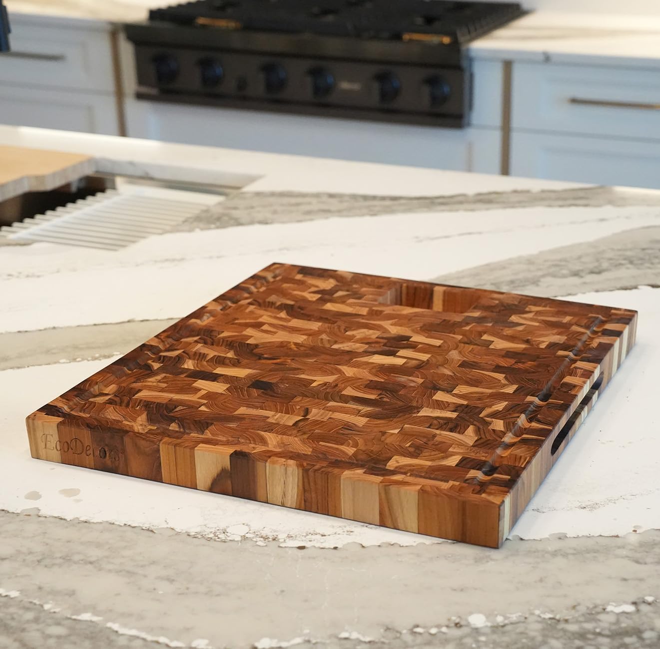 EcoDecors, Teak End Grain Cutting Board 17"x18", FSC Teakwood Butcher Block with Juice Groove, Waste Chute & Handles, Solid Wood Cutting Board for Kitchen, Carving & Stove-Top Prep