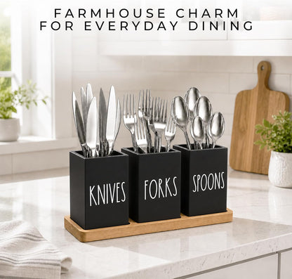 Farmhouse Silverware Holder, Rustic Wood Silverware Caddy with Tray, Spoon Fork Knives Flatware Dispenser, Utensil Countertop Organizer, Plastic Cutlery Holder for Kitchen Party (Black)