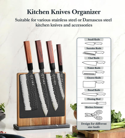 Strong Double Sided Magnetic Knife Block Without Knives, with Acacia Wood+430 Stainless Steel Base，Magnetic Universal Stands with Strong Enhanced Magnets Strip Kitchen Storage Cutlery Large Organizer
