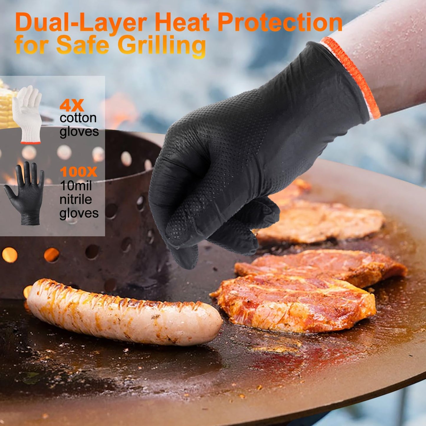 ANBOSON BBQ Gloves Disposable-Heat Resistant Cooking & Grilling Gloves Set (100 Black Nitrile, 4 Cotton Liners)-10Mil Heavy Duty Meat Handling Smoker Accessories for Hot Food Prep,Non-Slip Grip,Large