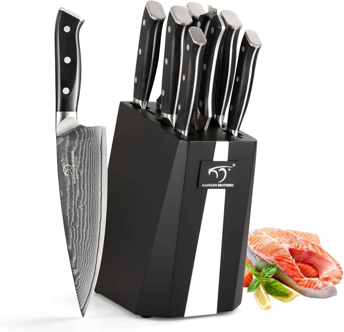 NANFANG BROTHERS Knife Sets for Kitchen with Block, Damasucs Kitchen Knife Sets 9 Pieces with Ergonomic Triple Rivet Handle, Kitchen Knives for Chopping, Slicing, Dicing & Cutting